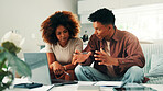 Budget, home or couple bookkeeping with notes, diary or finance statement for household bills or mortgage. Financial paperwork, talking or people writing for investment, banking report or savings