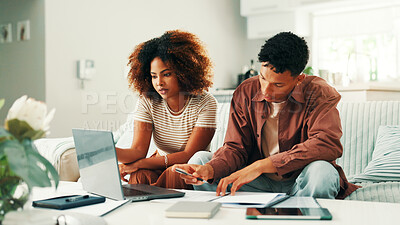Buy stock photo Budget, planning or couple writing with laptop notes or income statement for household bills or mortgage. Financial, insurance paperwork or people with banking info for investment, report or savings