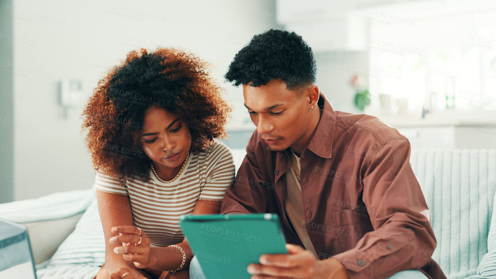 Buy stock photo Couple, tablet and reading at home with internet, blog advice and credit check. Man, woman and living room sofa for banking, future or serious about finance application for investment in house