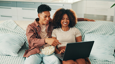 Buy stock photo Couple, laptop and laugh at home for movie, series and browsing online. Man, woman and living room sofa for bonding, funny tv show or snack with comedy subscription for entertainment in house