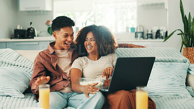 Buy stock photo Laptop, couple and laugh at home for movie, series and browsing online. Man, woman and living room sofa for bonding, funny tv show or snack with comedy subscription for entertainment in house