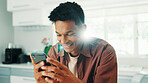 Dating app, reading or happy man texting with mobile in home on social media application or subscription. Smartphone, search or person with flirty message for post, chat and online romance website