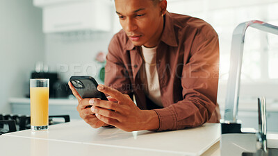 Buy stock photo University, results or man with phone in home for learning application, texting or education. Social media, mobile or student on portal to sign up for academic registration or scholarship test marks