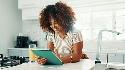 Buy stock photo Relax, online and woman with tablet, kitchen and watching series on app, subscription and apartment. Break, digital and person with tech for movies, connection and browsing on social media in house
