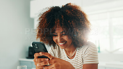 Buy stock photo Online dating, reading or happy woman with mobile in home on social media application or subscription. Smartphone, smile or person with flirty message for post, chat and romantic search on website