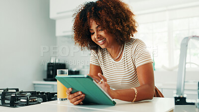 Buy stock photo Relax, browsing and woman with tablet, kitchen and watching series on app, subscription and apartment. Break, digital and person with tech for movies, connection or streaming on social media in house