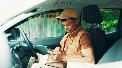 Buy stock photo Logistics, tablet and delivery man in car with package, supply chain and online order for distribution. Courier service, digital app and driver in van with box, location search or transport schedule