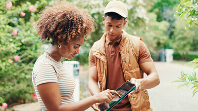 Buy stock photo People, woman and delivery man with tablet, signature and friendly service with supply chain. Courier, customer and tech with ecommerce, online shopping and digital app for product agreement and home