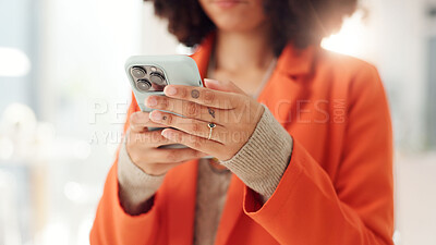 Buy stock photo Hands, phone and texting with business woman in office for networking, client chat and virtual consultant. Communication, online feedback and app with person in creative agency for project review