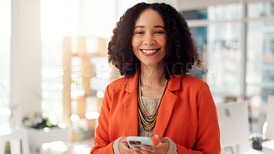 Buy stock photo Phone, portrait and smile with business woman in office for networking, client chat and virtual consultant. Communication, online feedback and app with person in creative agency for project review