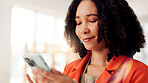 Phone, smile and text with business woman in office for networking, client chat and virtual consultant. Communication, online feedback and app with person in creative agency for project review