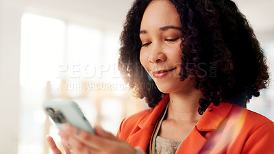 Buy stock photo Phone, smile and text with business woman in office for networking, client chat and virtual consultant. Communication, online feedback and app with person in creative agency for project review