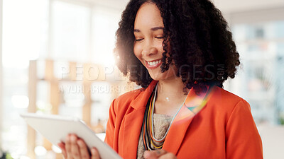 Buy stock photo Tablet, smile and search with business woman in office for networking, client chat and virtual consultant. Communication, online feedback and app with person in creative agency for project review