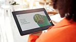 Person, tablet and presentation for climate change in office, information and solution for environment. Back, woman and digital with proposal catalog, eco friendly tips and report for ecology project