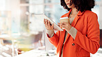 Tablet, hands and search with business woman in office for networking, client chat and virtual consultant. Communication, online feedback and app with person in creative agency for project review