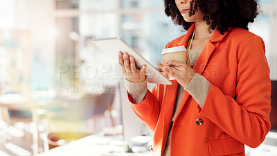 Buy stock photo Tablet, hands and search with business woman in office for networking, client chat and virtual consultant. Communication, online feedback and app with person in creative agency for project review