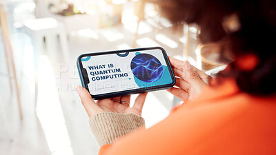 Buy stock photo Business, person and screen of phone in office for quantum computing, presentation and computer science. Programmer, mobile and information with software catalog, review about us and development tips