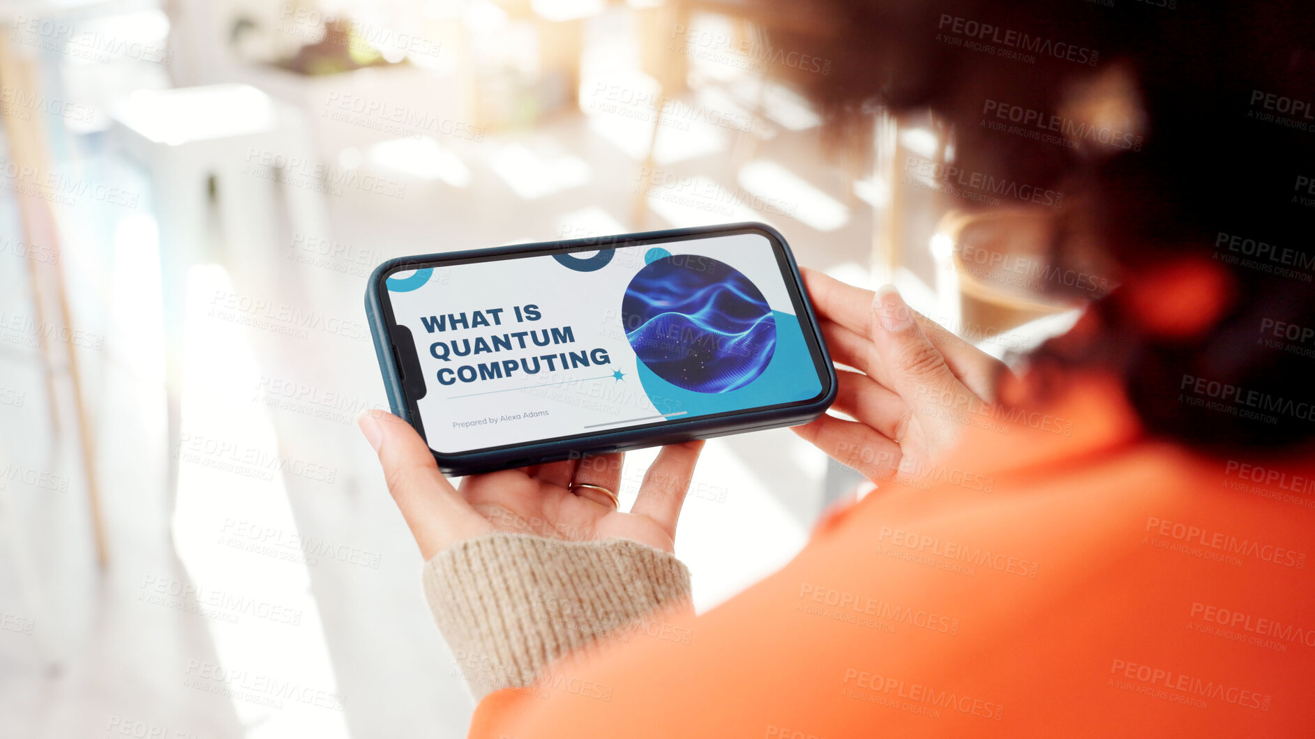 Buy stock photo Business, person and screen of phone in office for quantum computing, presentation and computer science. Programmer, mobile and information with software catalog, review about us and development tips