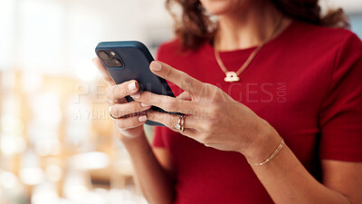 Buy stock photo Phone, typing and hands with business woman in office for networking, client chat and virtual consultant. Communication, online feedback and app with person in creative agency for project review