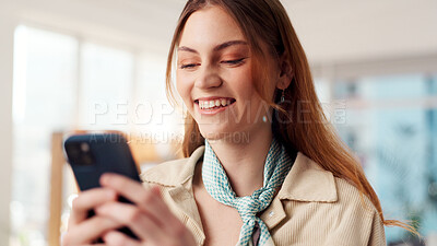 Buy stock photo Phone, typing and search with business woman in office for networking, client chat and virtual consultant. Communication, online feedback and app with person in creative agency for project review