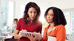 Business people, tablet and women in office, planning and internet with ad agency. Employees, online reading and sales consultant in workplace, tech or email with positive review, talk or digital app