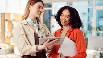 Buy stock photo Business people, tablet and women in office, planning and internet with ad agency. Happy employees, conversation and sales consultant with tech, brainstorming and email with positive review and app
