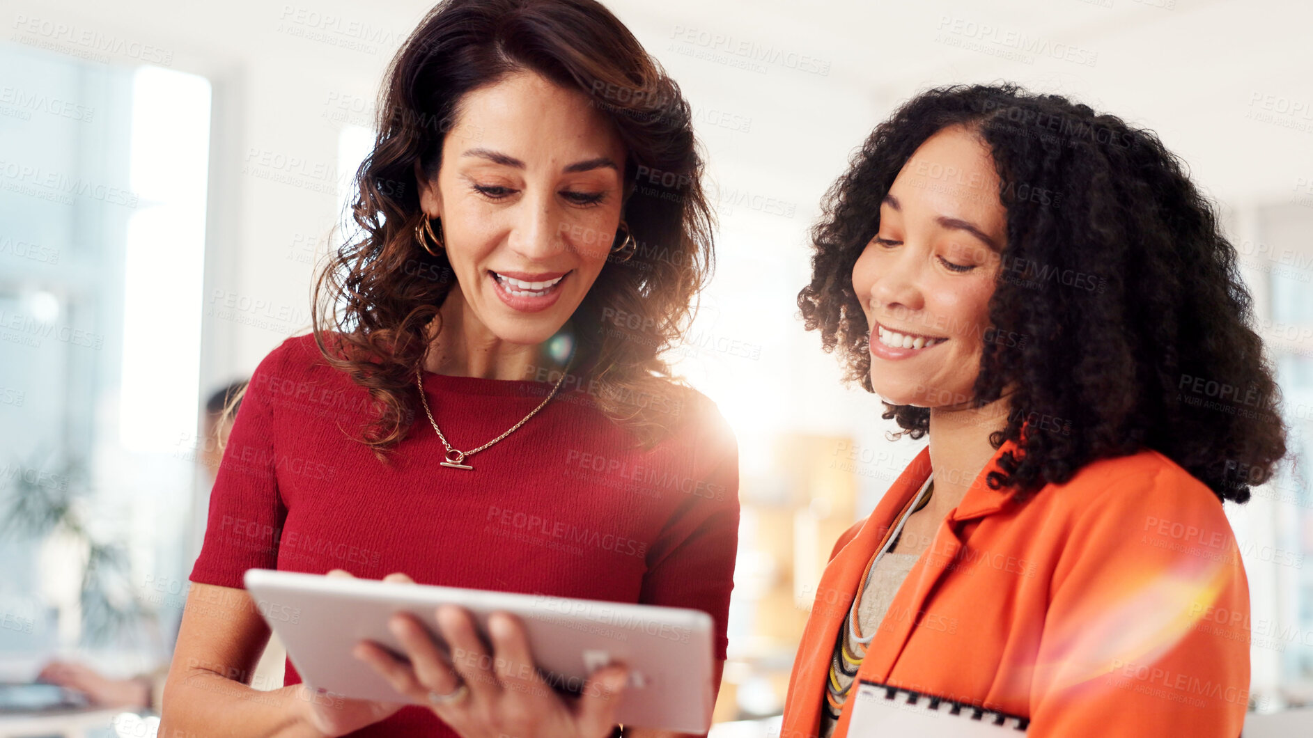 Buy stock photo Business people, tablet and women in office, teamwork and internet with sales agency. Happy employees, smile and ad consultant in workplace, tech and email with positive review and digital app