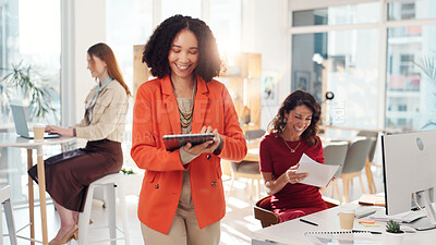 Buy stock photo Business people, tablet and women in office, smile and internet with ad agency. Happy employees, group and sales consultant with tech, workflow and email with positive review, productivity and app