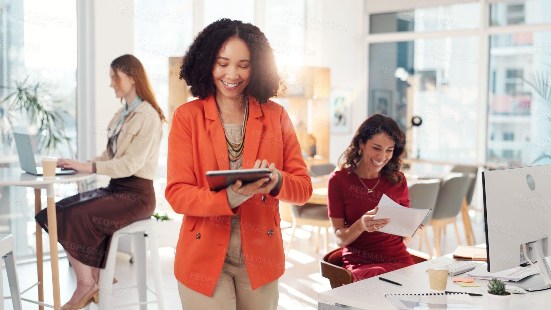 Buy stock photo Business people, tablet and women in office, smile and internet with ad agency. Happy employees, group and sales consultant with tech, workflow and email with positive review, productivity and app