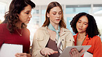 Business people, tablet and women in office, cooperation and internet with ad agency. Employees, group and sales consultant in workplace, tech and email with positive review, planning and digital app