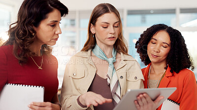 Buy stock photo Business people, tablet and women in office, cooperation and internet with ad agency. Employees, group and sales consultant in workplace, tech and email with positive review, planning and digital app