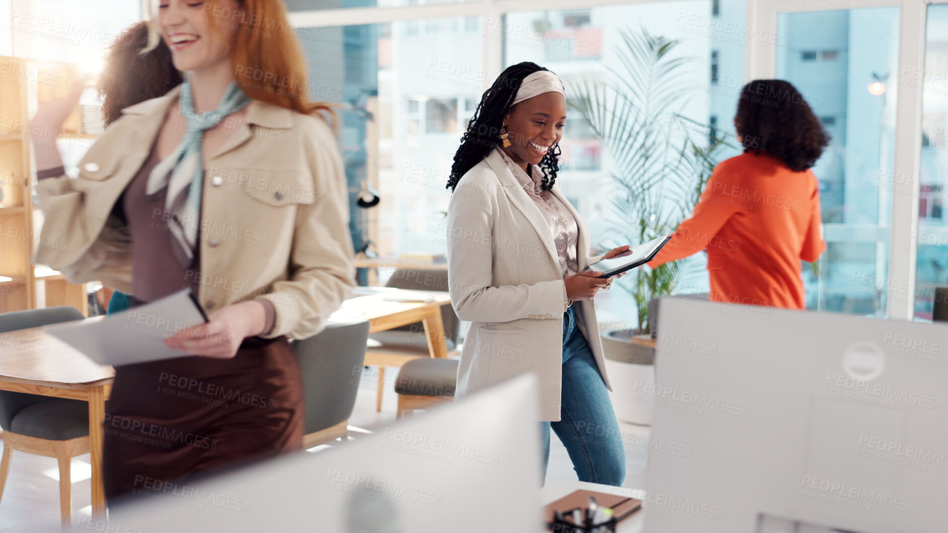 Buy stock photo Woman, busy office and documents with tablet at startup with planning, schedule and deadline with team. People, tech and paperwork for task, app and happy for report with feedback at creative agency