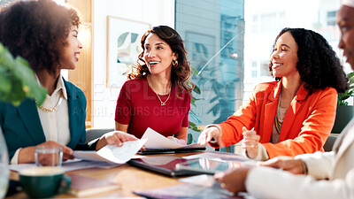 Buy stock photo Women, happy and document for meeting at startup, brainstorming and review with problem solving at office. Business people, paperwork and smile with report, proposal and feedback at creative agency