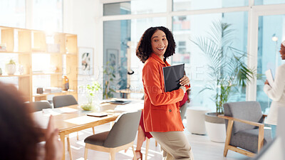 Buy stock photo Woman, documents and happy at startup, office and project management with laughing, colleagues and collaboration. Person, paperwork and report with feedback, deadline and career at creative agency