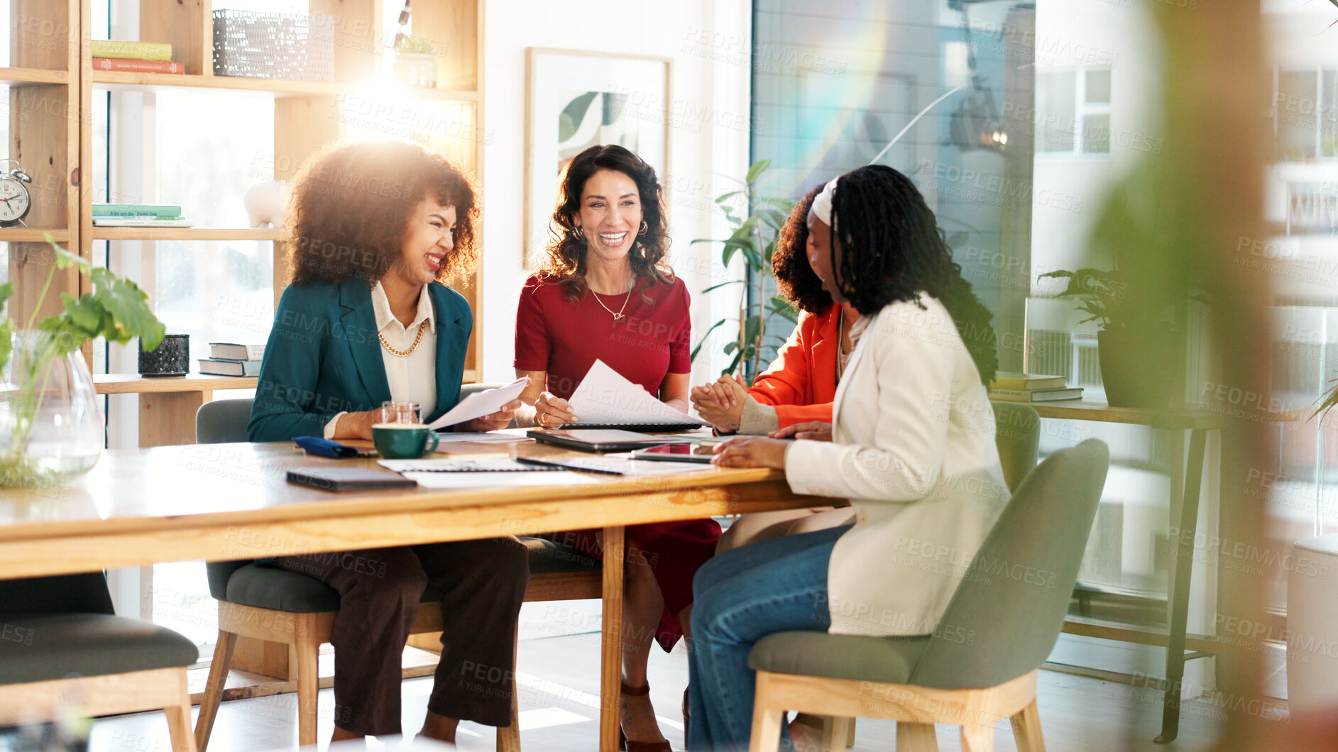 Buy stock photo Women, meeting and document with group for planning, brainstorming or review for problem solving at startup. Business people, paperwork and team with report, proposal and feedback at creative agency