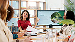 Woman, talking and meeting for climate change in office, about us and ideas of environment solution. People, explaining and brainstorming with proposal documents, eco friendly information and guide