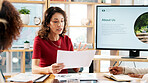 Business, woman and document for climate change in office, planning and idea of environment solution. People, presentation and brainstorming with proposal paperwork, eco friendly information and tips