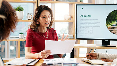 Buy stock photo Business, woman and document for climate change in office, planning and idea of environment solution. People, presentation and brainstorming with proposal paperwork, eco friendly information and tips