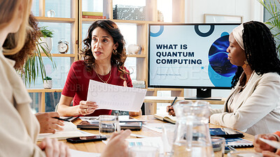 Buy stock photo Meeting, business and women talk in office for planning, ideas and quantum computing solution. People, presentation and brainstorming with proposal documents, programming information and server tips