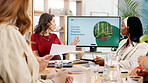 Woman, talking and presentation for climate change in office, planning and ideas of environment solution. People, meeting and brainstorming with proposal documents, eco friendly information and tips