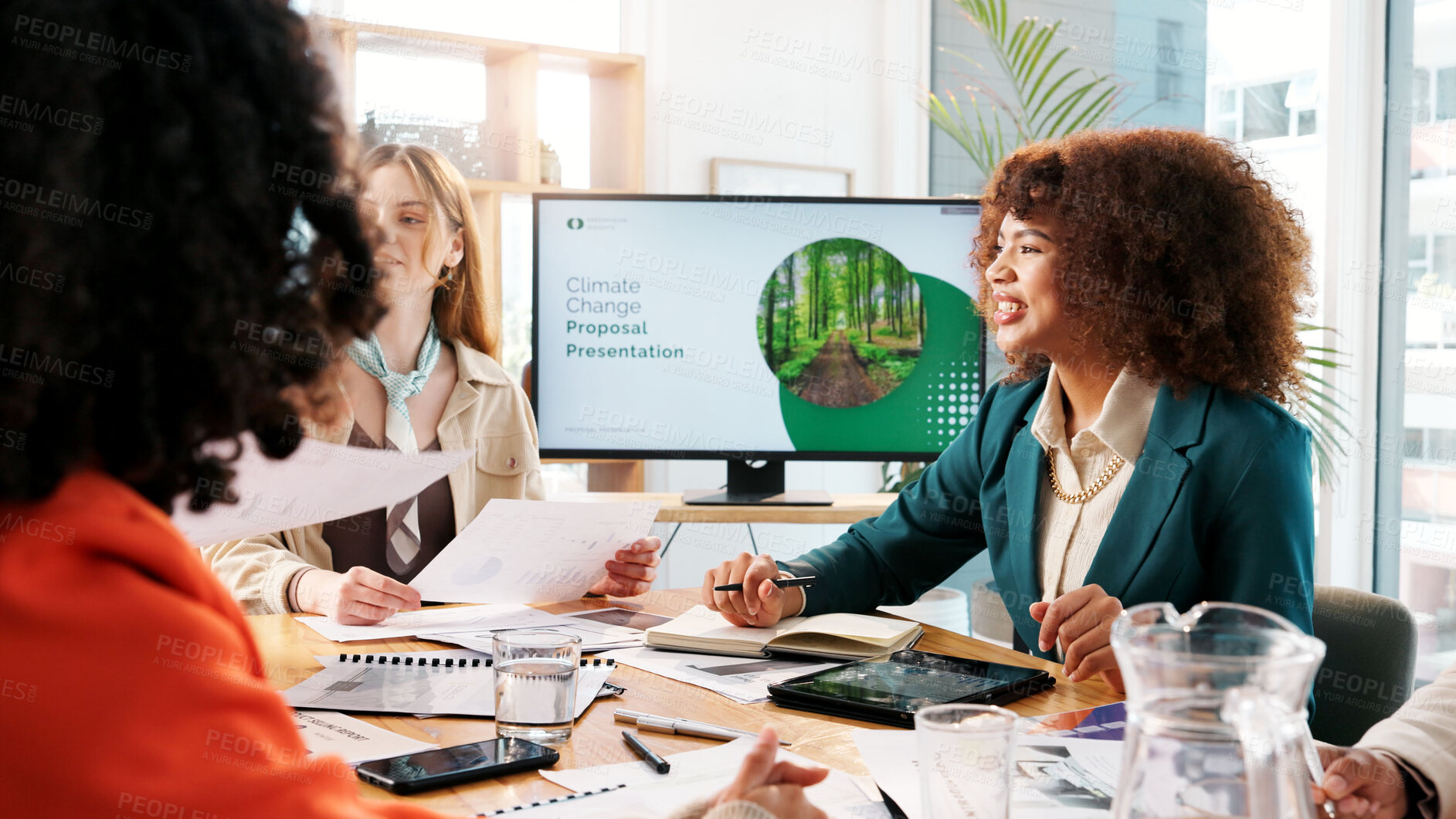 Buy stock photo Business, people and meeting for climate change in office, planning and ideas of environment solution. Staff, presentation and brainstorming with proposal documents, eco friendly information and tips