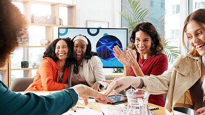 Buy stock photo Presentation, success or happy women clapping for meeting, teamwork and empowerment agreement. Bonus, achievement and excited business people with applause, group or goals to celebrate partnership