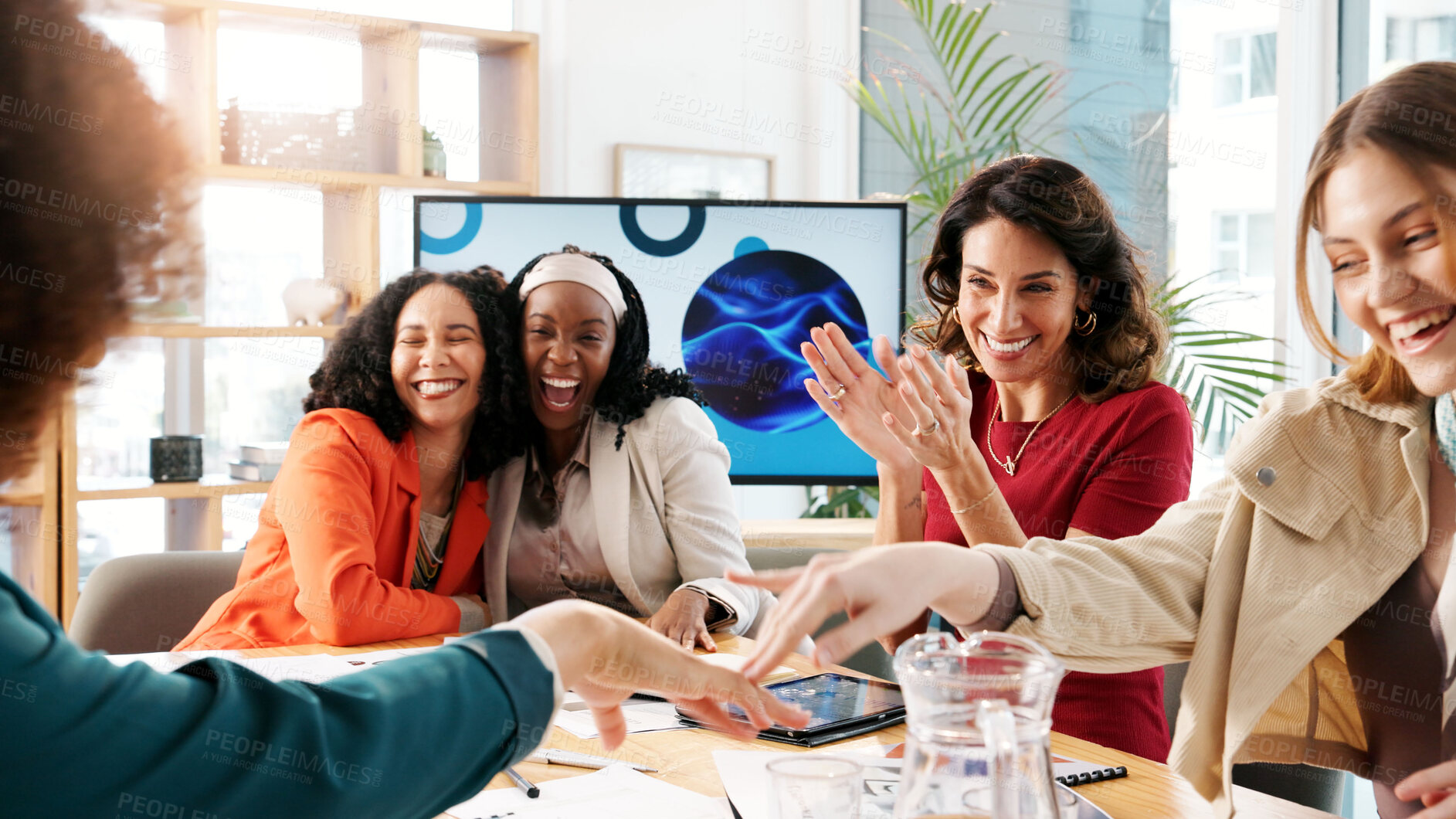 Buy stock photo Presentation, success or happy women clapping for meeting, teamwork and empowerment agreement. Bonus, achievement and excited business people with applause, group or goals to celebrate partnership