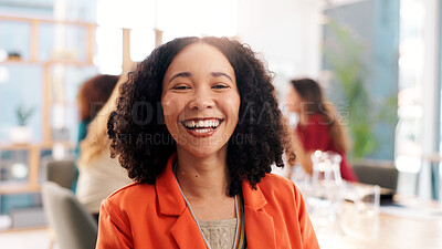 Buy stock photo Laugh, portrait and meeting with business woman in office for magazine editor, team consultant and publisher. Happiness, article journalist and funny with person in startup agency for confidence