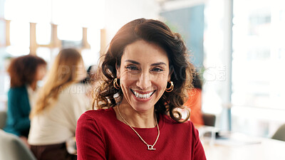 Buy stock photo Meeting, portrait and creative with business woman in office for magazine editor, professional and publisher. Happiness, article journalist and pride with mature person in agency for confidence