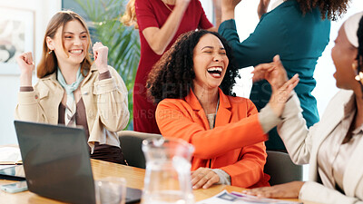Buy stock photo Excited, business women and high five with laptop for good news, teamwork or empowerment agreement. Happy, smile or employees with applause, group or goals in celebration for success at workplace