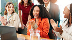 Laptop, happy or businesswomen clapping for meeting, teamwork or empowerment agreement. Bonus, achievement or excited employees with applause, group or goals in celebration for presentation success 