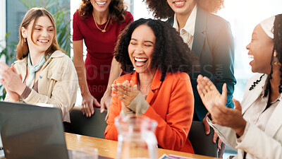 Buy stock photo Laptop, happy or businesswomen clapping for meeting, teamwork or empowerment agreement. Bonus, achievement or excited employees with applause, group or goals in celebration for presentation success 