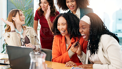 Buy stock photo Excited, businesswomen and high five with laptop for teamwork, good news or empowerment agreement. Designers, smile or happy employees with project approval, group or goals in celebration for success