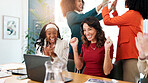 Excited, businesswomen and high five with laptop for winning, teamwork or empowerment agreement. Happy, smile or employees with applause, good news or goals in celebration for success at workplace